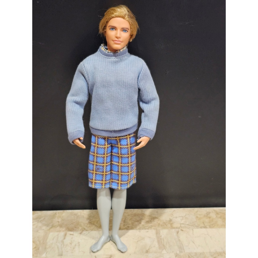 Mattel Ken Doll Blue Sweater Plaid Shorts Gray Tights Made‎ Indonesia